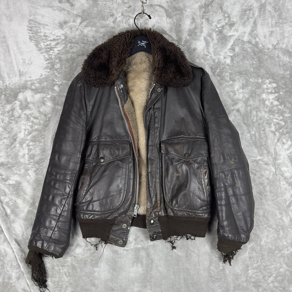 Vintage R. Sherman Leather Bomber Sherpa Lined Jacket Mens M/L 70s Talon USA